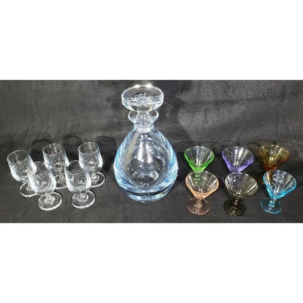 Vintage SIGNED Strombergshyttan Swedish Decanter w/Stopper & 11 Cordials